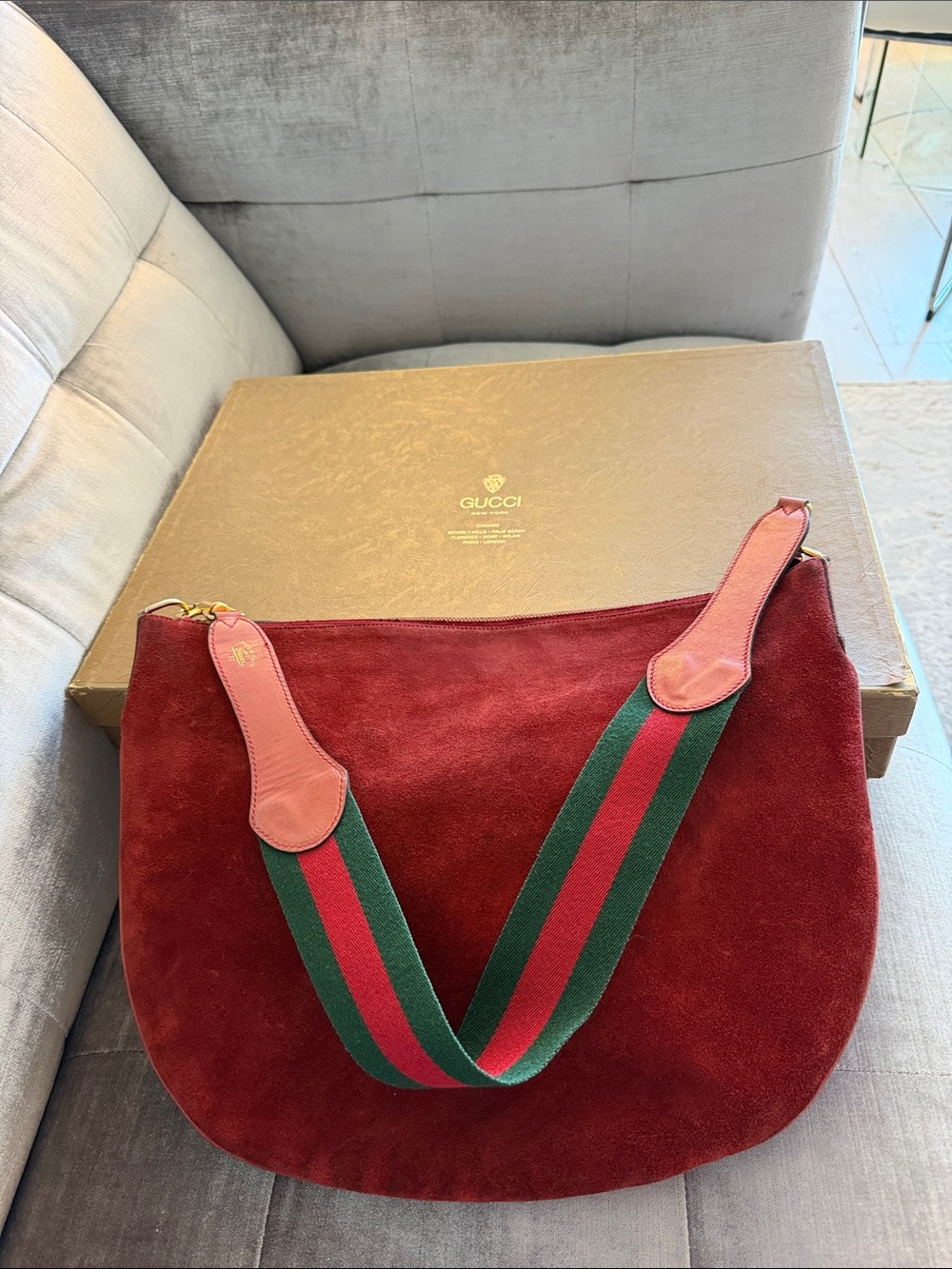 Gucci Vintage 1970’s Burgundy Suede Shoulder Bag with Green & Red Web Strap
